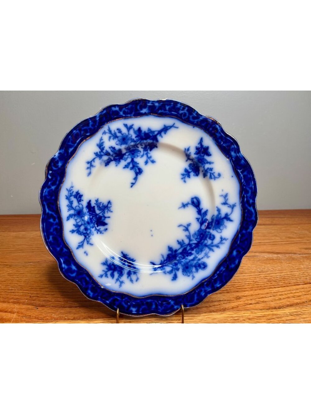 Antique Flow Blue Touraine Dinner  Plate, Gold Trim, Stanley Potteries, England